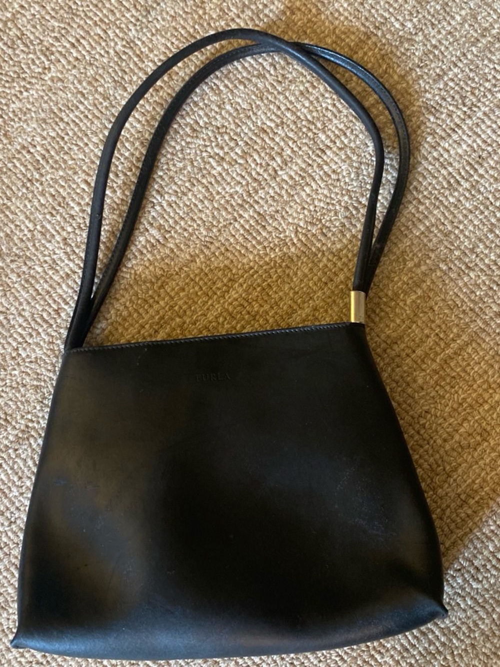 Vintage Furla Smooth Black Leather Double-Strap Shoulder Bag